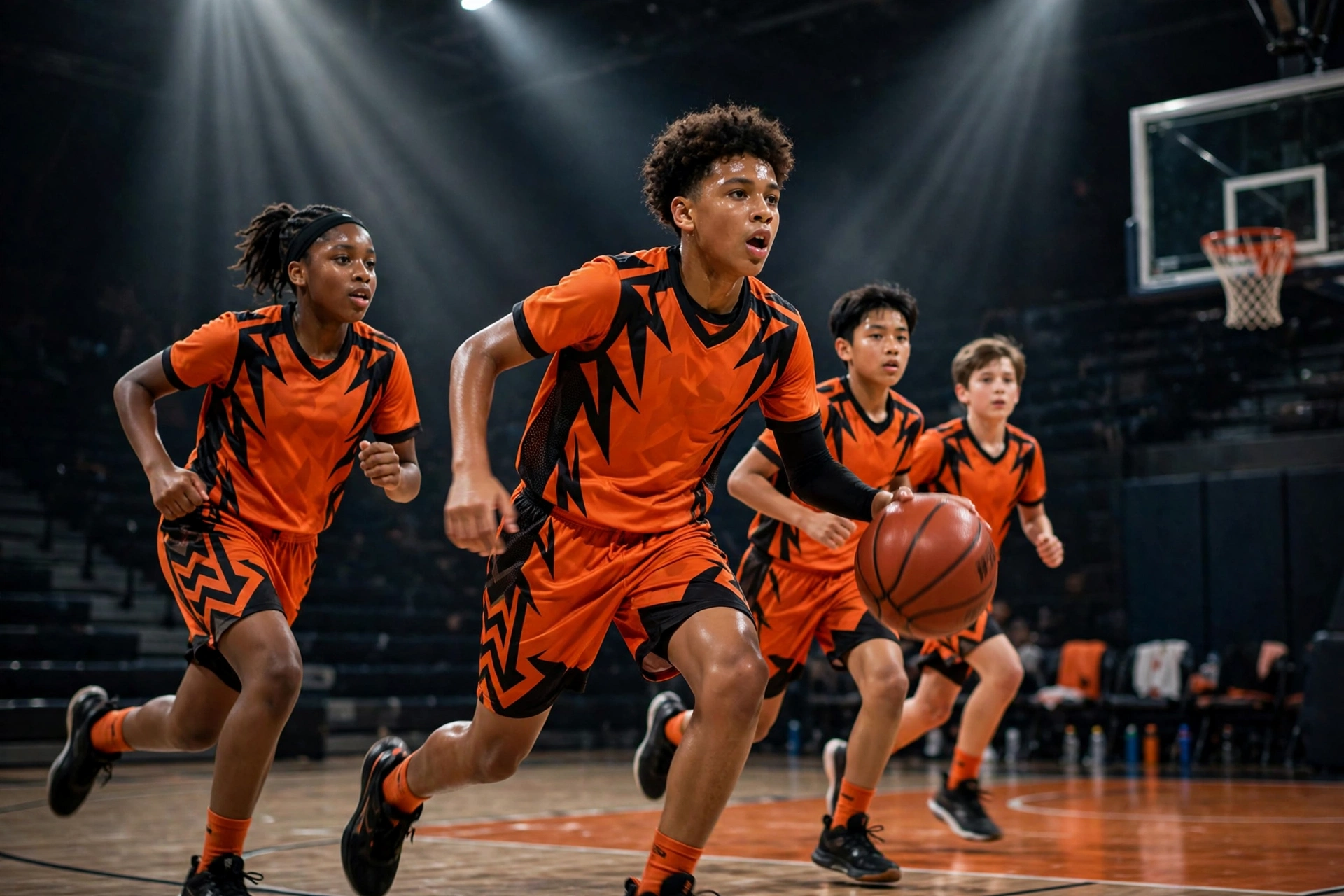Youth basketball team wearing custom Sideline Uniforms jerseys