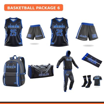 Champ Package - two custom basketball uniforms, backpack, duffle bag, warmup sweat set, arm sleeves, socks, and t-shirt