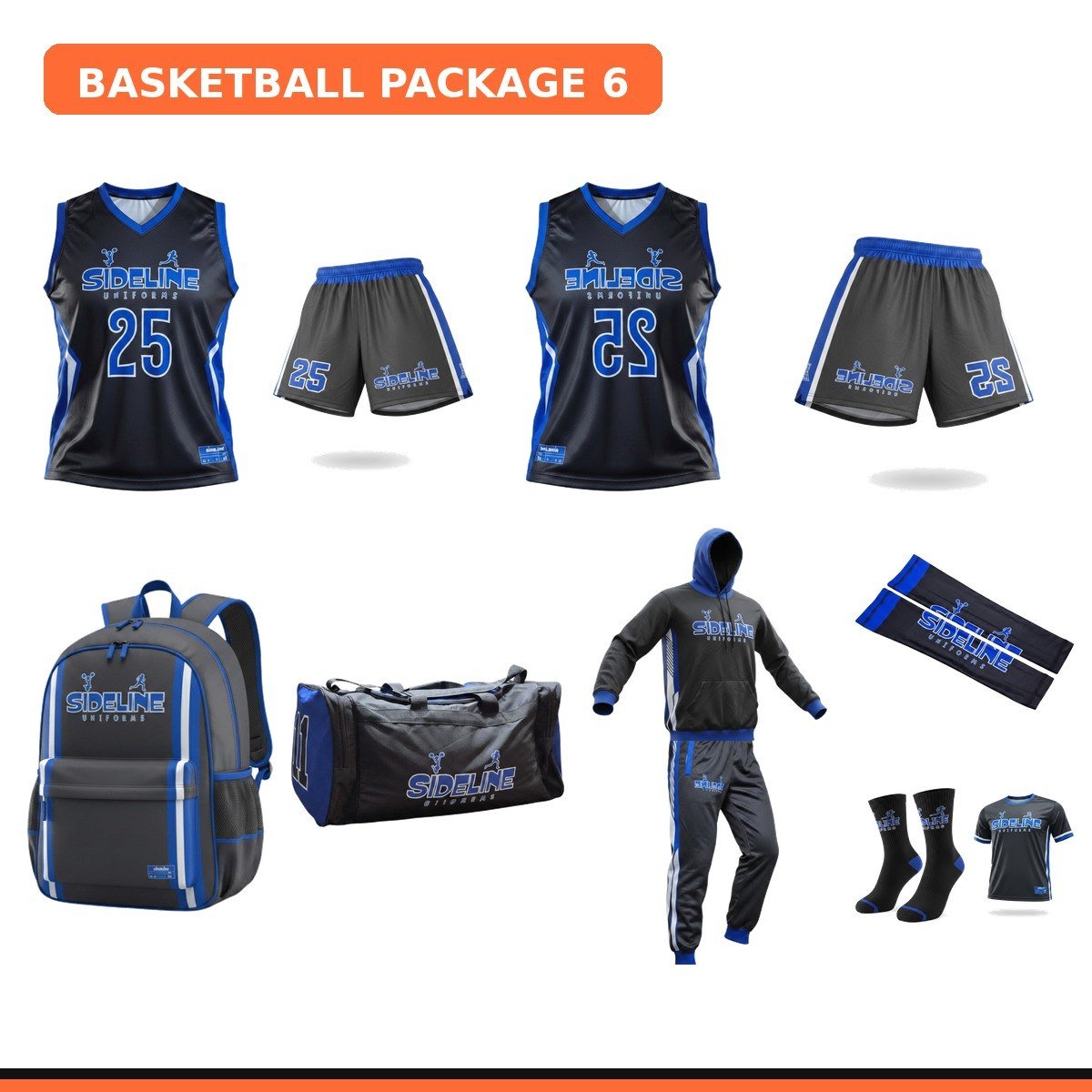 basketball-package-6 Champ Package - two custom basketball uniforms, backpack, duffle bag, warmup sweat set, arm sleeves, socks, and t-shirt