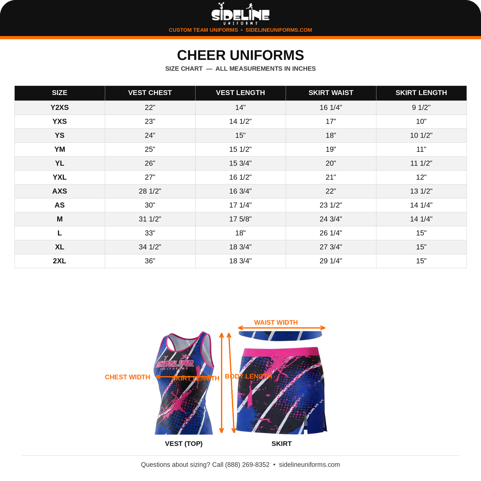 Cheer Uniforms Size Chart - Sideline Uniforms
