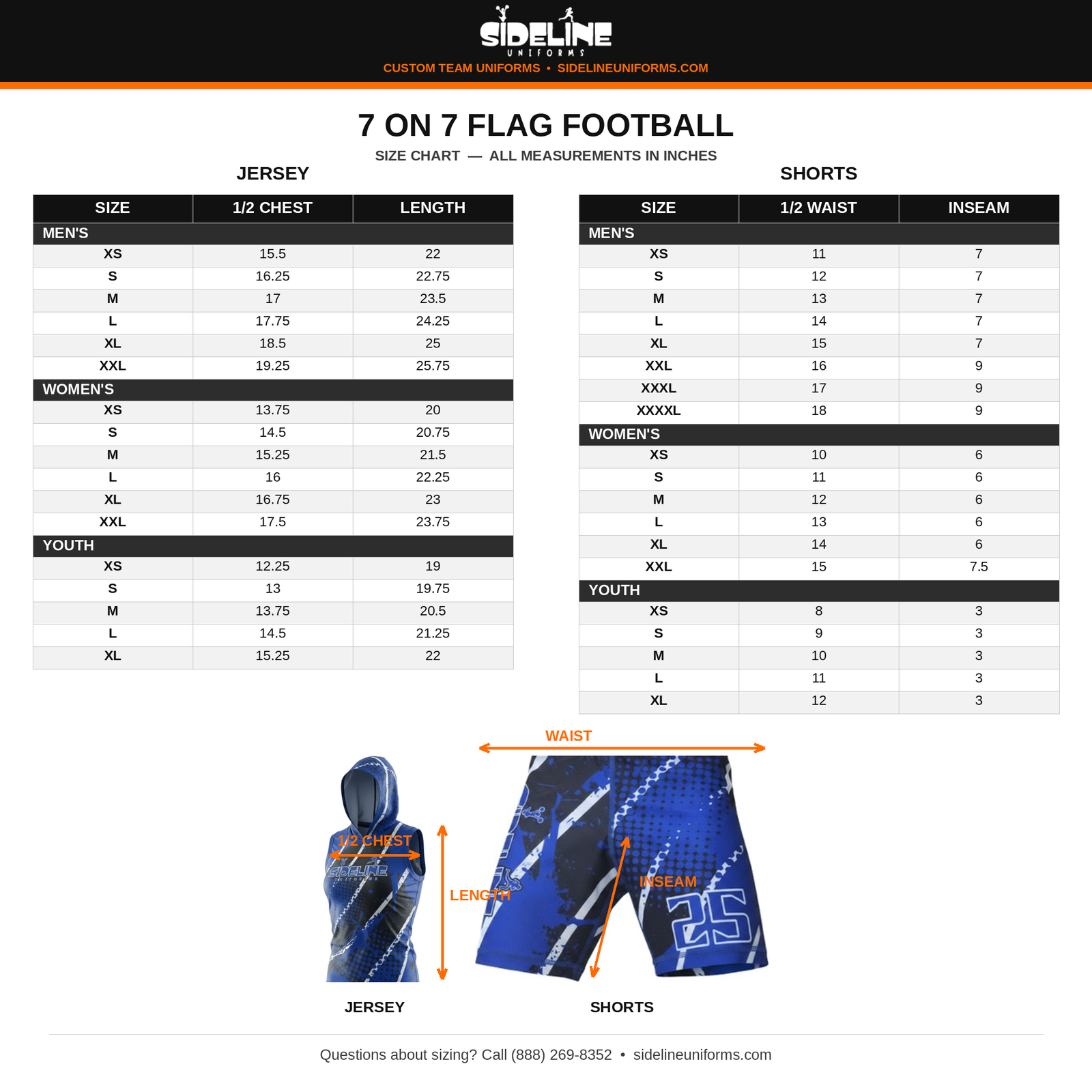 7 on 7 Flag Football Size Chart - Sideline Uniforms