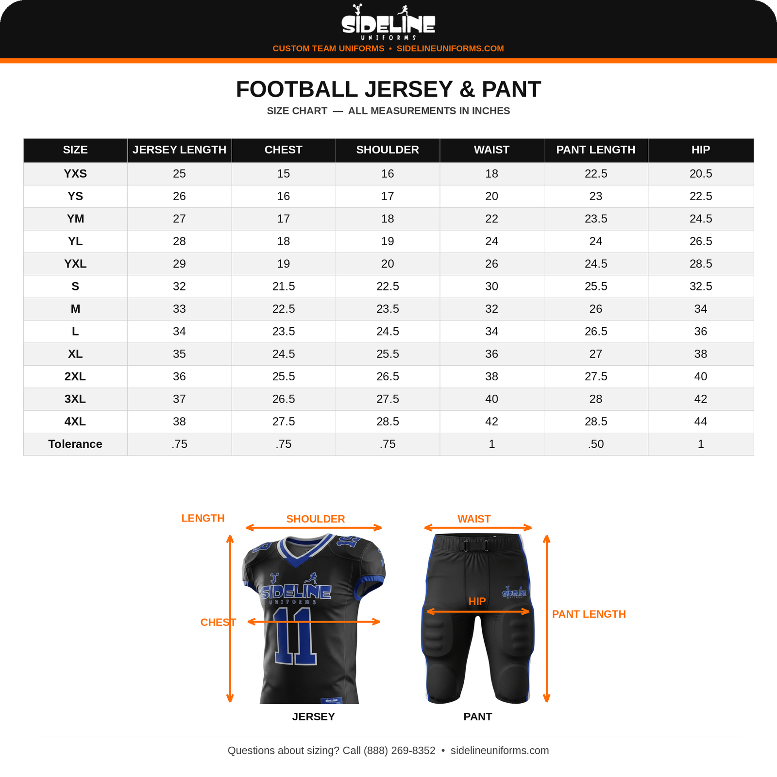 Football Jersey and Pant Size Chart - Sideline Uniforms