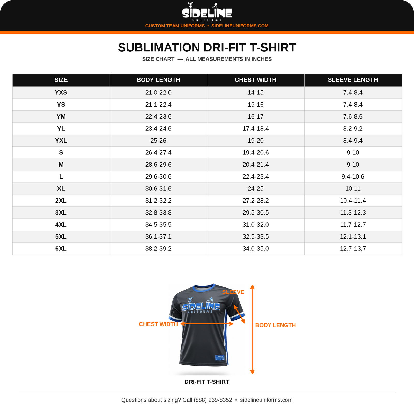 Sublimation Dri-Fit T-Shirt Size Chart - Sideline Uniforms