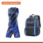 Custom track uniform set with team backpack - blue sublimated singlet, compression shorts, and backpack