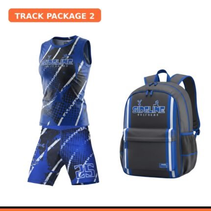Custom track uniform set with team backpack - blue sublimated singlet, compression shorts, and backpack