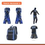 Custom track comp package - two singlets, two compression shorts, warmup jacket set, team backpack, and shirt-and-short set