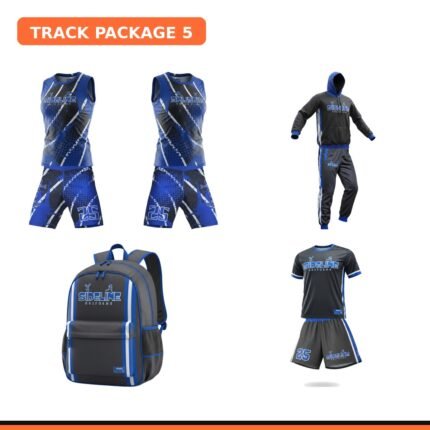 Custom track comp package - two singlets, two compression shorts, warmup jacket set, team backpack, and shirt-and-short set