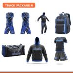 Custom track travel package - two singlets, two compression shorts, warmup jacket set, team backpack, duffle bag, hoodie, and shirt-and-short set